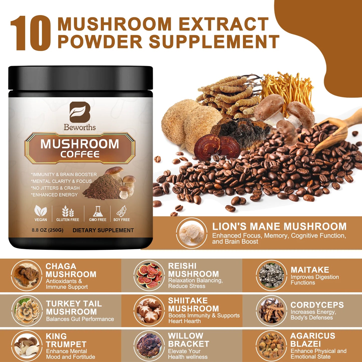 8.8Oz Mushroom Coffee Powder Supplement - Lions Mane Mushroom Powder Instant Coffee - Mushroom Coffee Alternative for Energy, Mental Clarity & Focus, Brain Booster