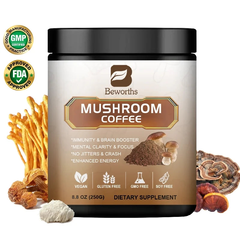 8.8Oz Mushroom Coffee Powder Supplement - Lions Mane Mushroom Powder Instant Coffee - Mushroom Coffee Alternative for Energy, Mental Clarity & Focus, Brain Booster