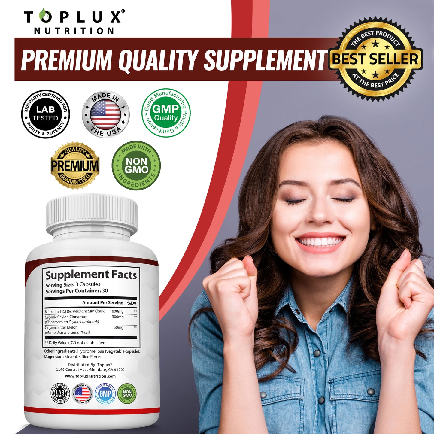 Berberine with Ceylon Cinnamon and Bitter Melon 2250Mg Berberine Hcl 97% Purity 90 Capsules