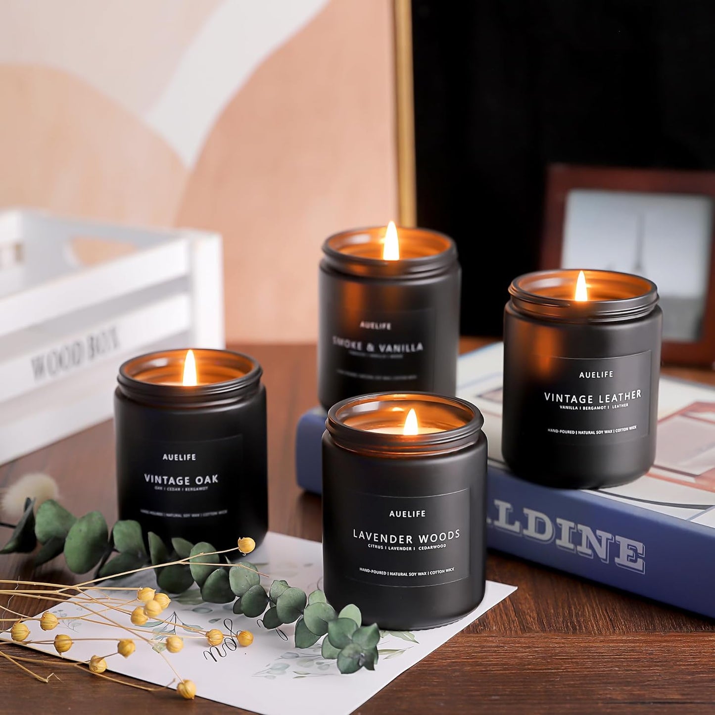 Men’S Scented Candle Set, 4 Pack, Lavender, Leather, Oak, Smoke & Vanilla - Gift