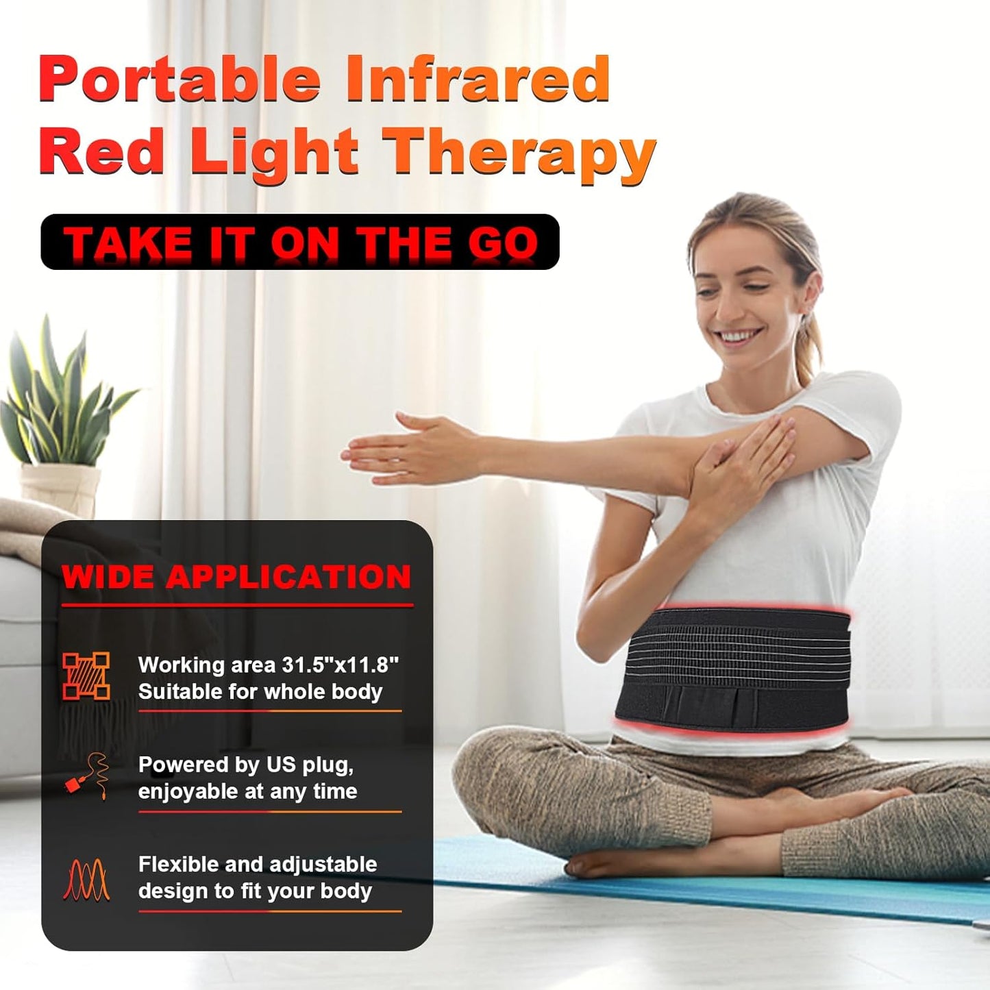 Red Light Therapy for Body Relieve Body Pain and Muscle Fatigue,Retractable Red Light Therapy Belt, Portable Infrared Light Therapy Device at Home Black (31.5X11.8Inch)