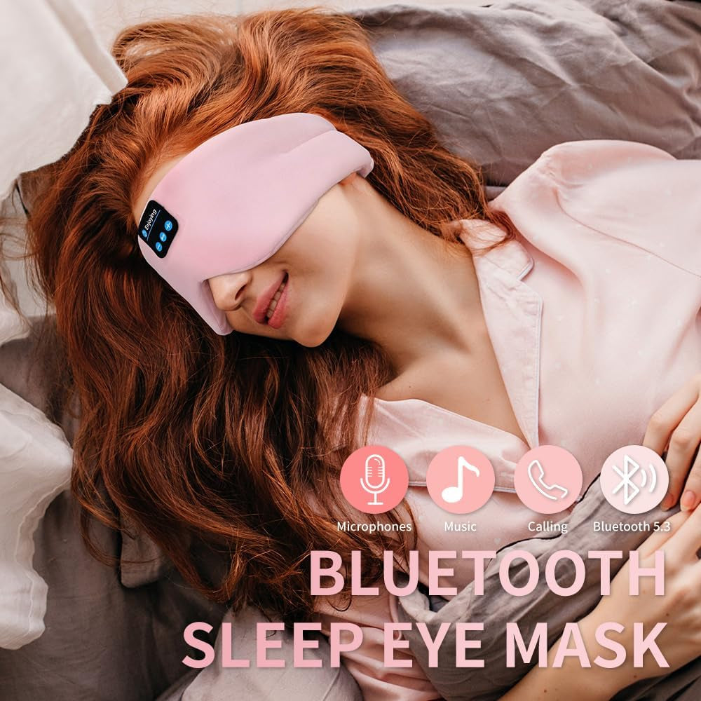 Soft Sleep Eye Mask Bluetooth Headband Wireless Headphones, Adjustable Sleep Mask for Sleeping Meditation Insomnia Night Mask Music Eye Cover for Side Sleepers Airplane Travel, Pink