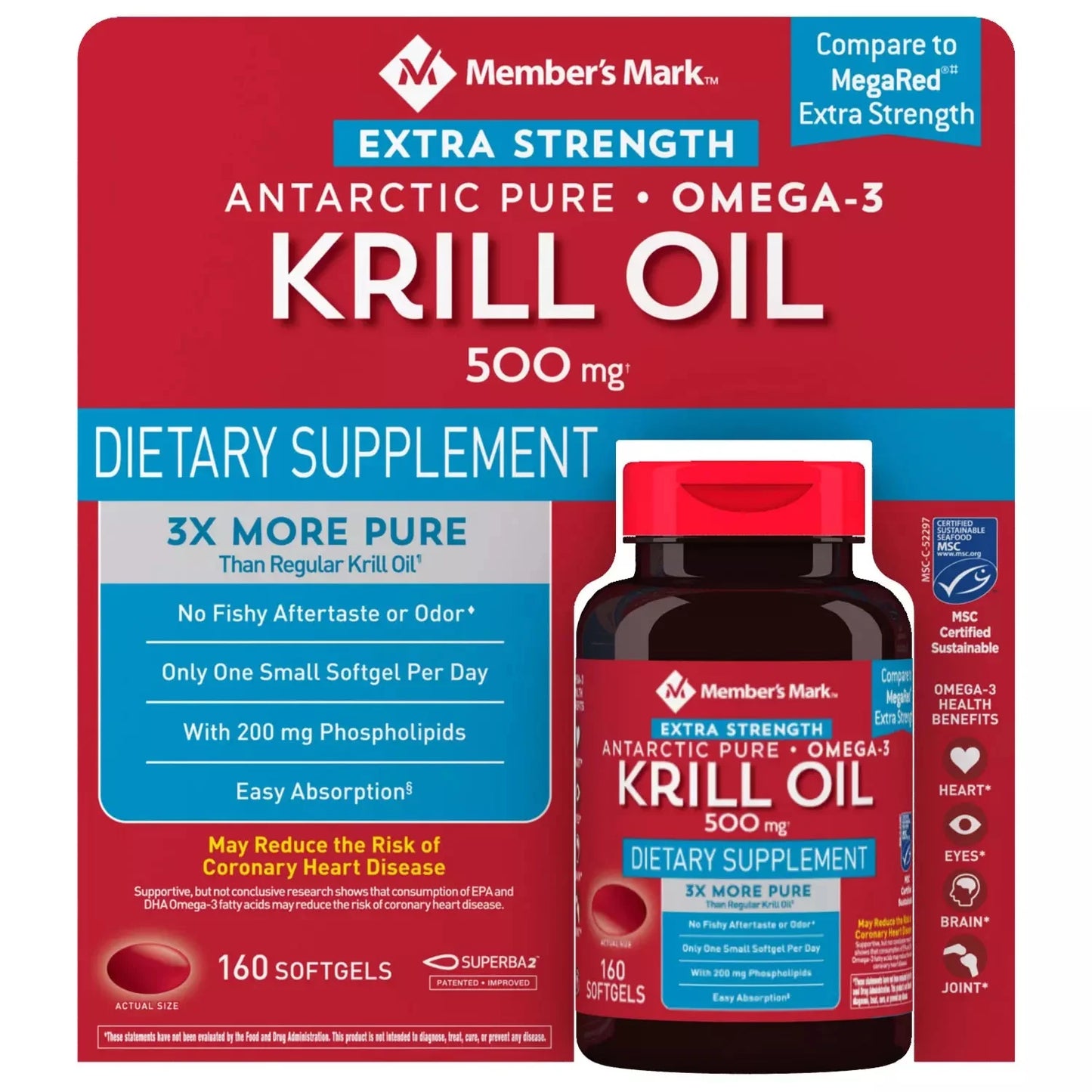 Member’S Mark Extra-Strength 100% Pure Omega-3 Krill Oil, 500Mg (160 Ct.)