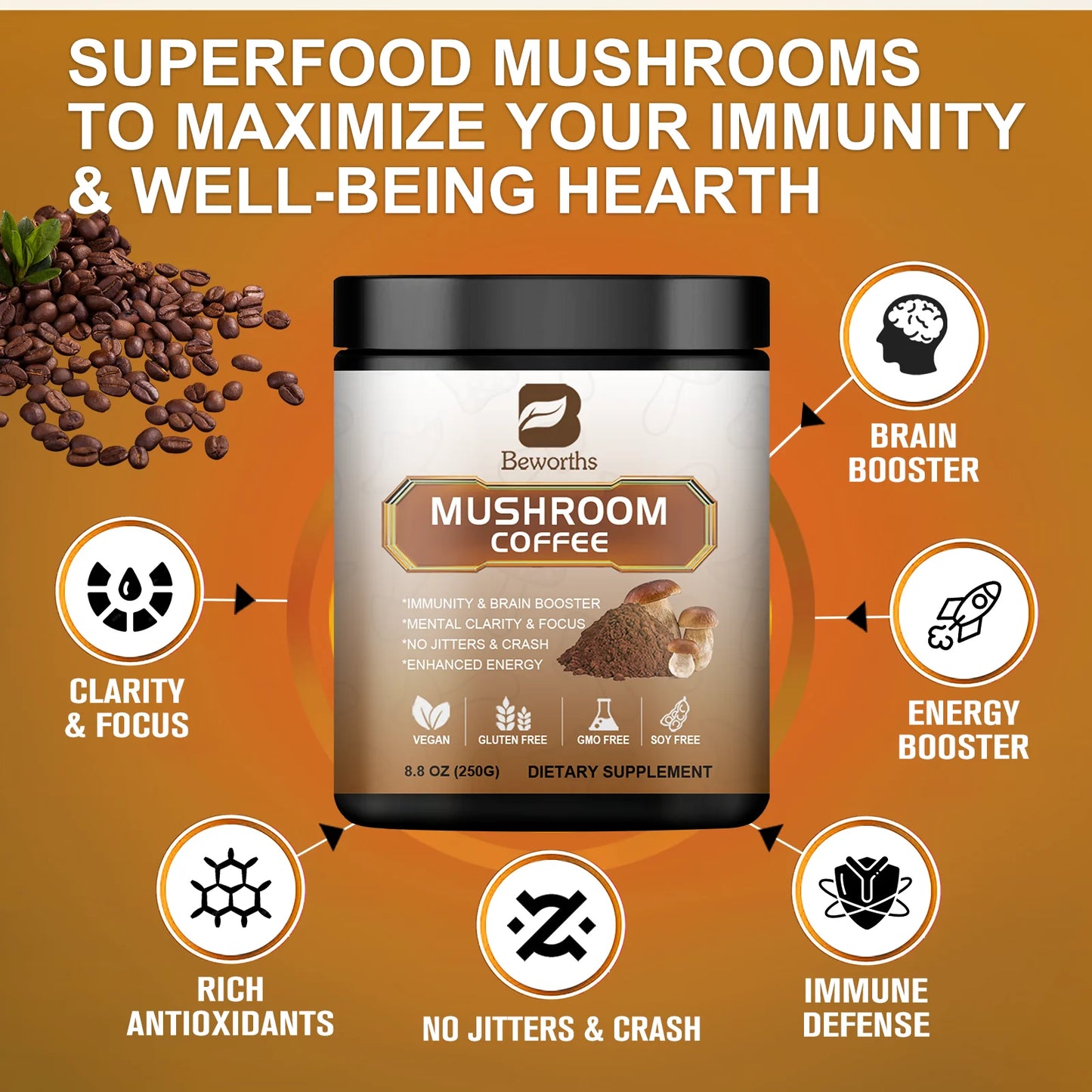 8.8Oz Mushroom Coffee Powder Supplement - Lions Mane Mushroom Powder Instant Coffee - Mushroom Coffee Alternative for Energy, Mental Clarity & Focus, Brain Booster