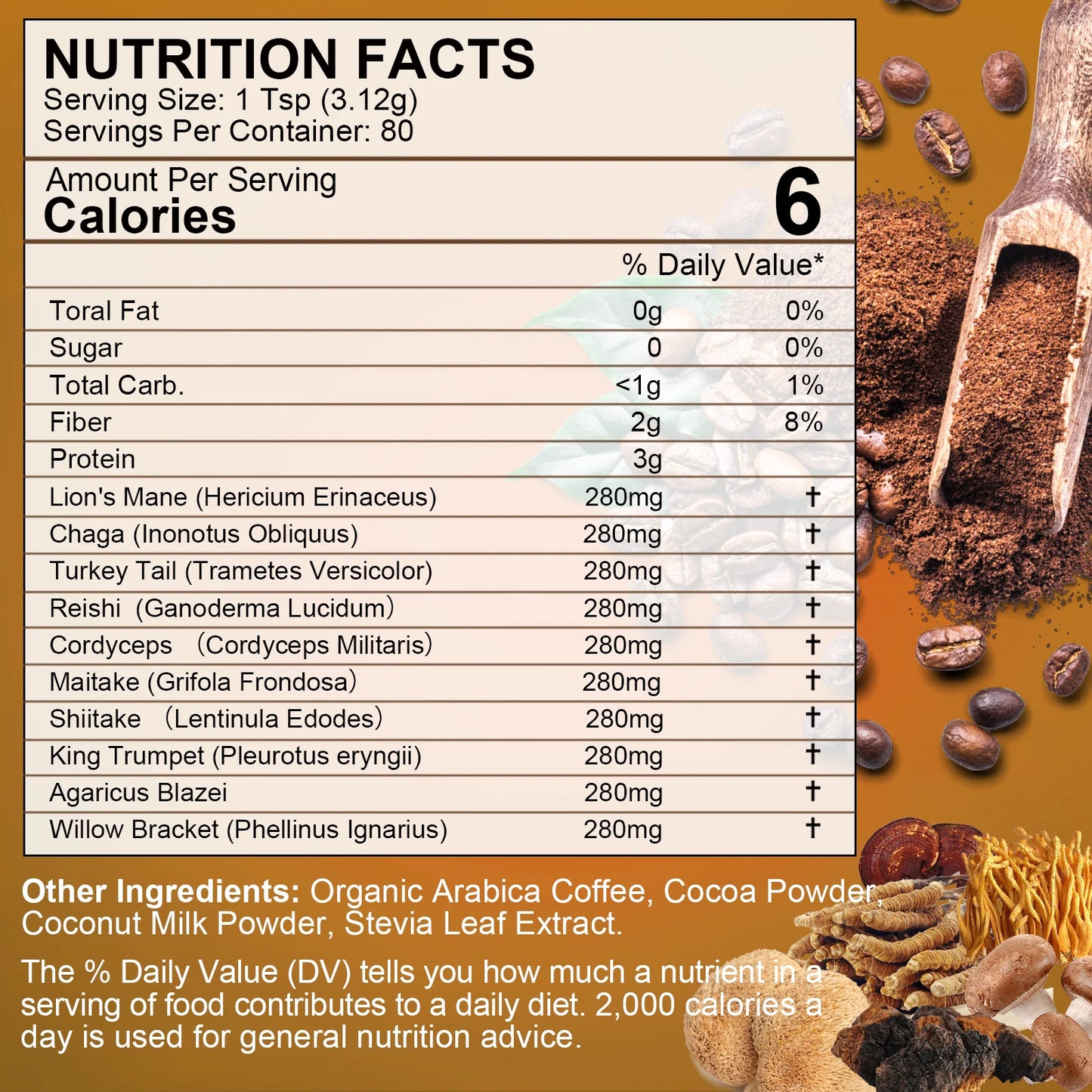 8.8Oz Mushroom Coffee Powder Supplement - Lions Mane Mushroom Powder Instant Coffee - Mushroom Coffee Alternative for Energy, Mental Clarity & Focus, Brain Booster
