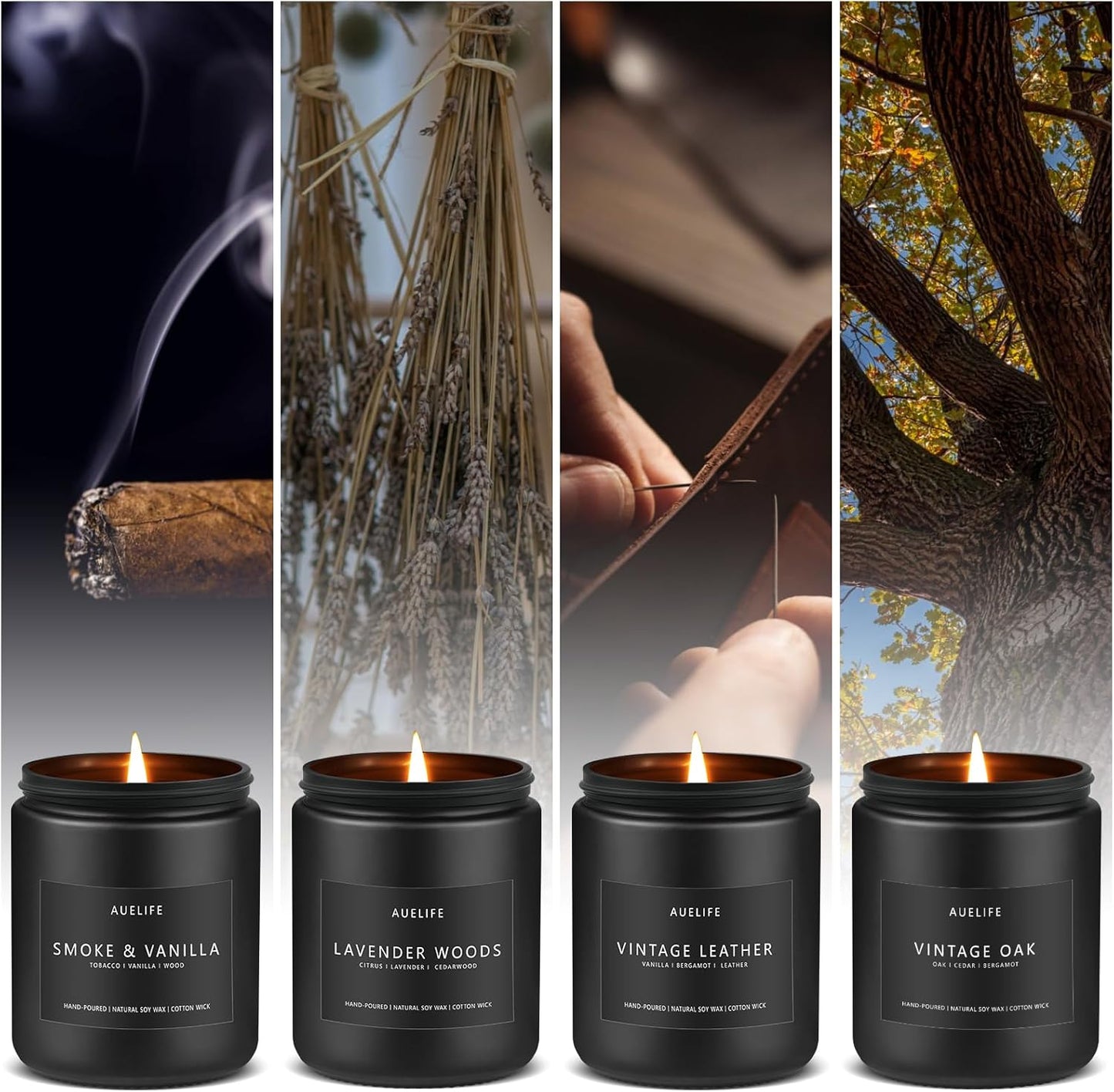 Men’S Scented Candle Set, 4 Pack, Lavender, Leather, Oak, Smoke & Vanilla - Gift