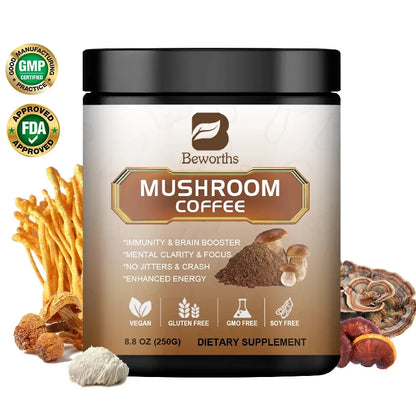 8.8Oz Mushroom Coffee Powder Supplement - Lions Mane Mushroom Powder Instant Coffee - Mushroom Coffee Alternative for Energy, Mental Clarity & Focus, Brain Booster
