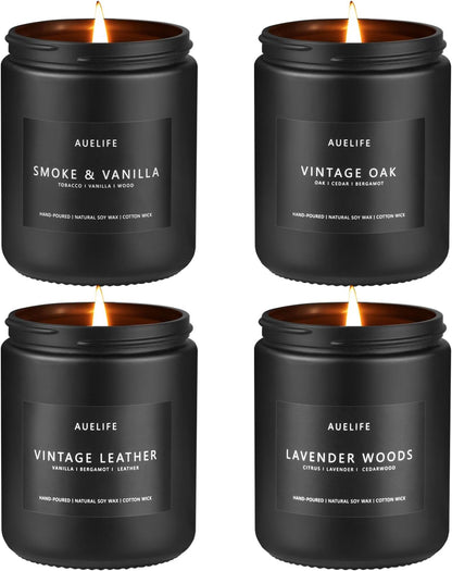 Men’S Scented Candle Set, 4 Pack, Lavender, Leather, Oak, Smoke & Vanilla - Gift
