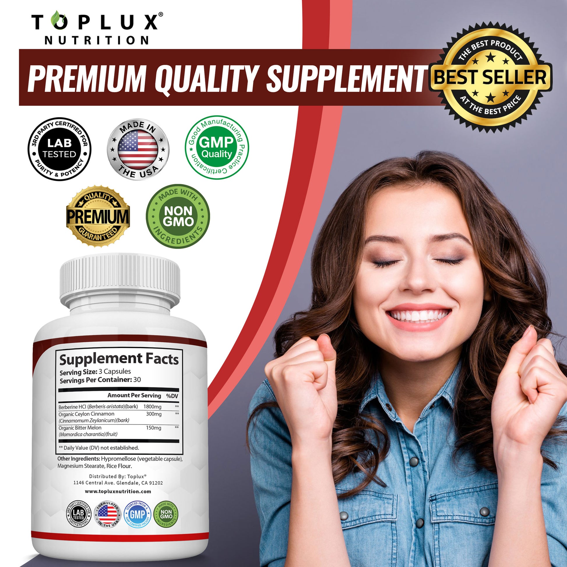 Berberine with Ceylon Cinnamon and Bitter Melon 2250Mg Berberine Hcl 97% Purity 90 Capsules
