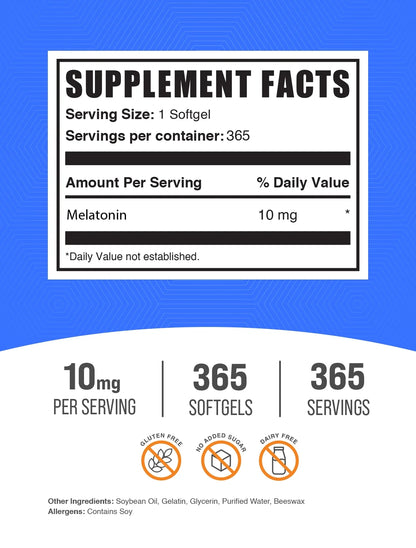 Bulksupplements Melatonin Softgels - Gluten Free, 10Mg per Serving (365 Softgels - 365 Servings)