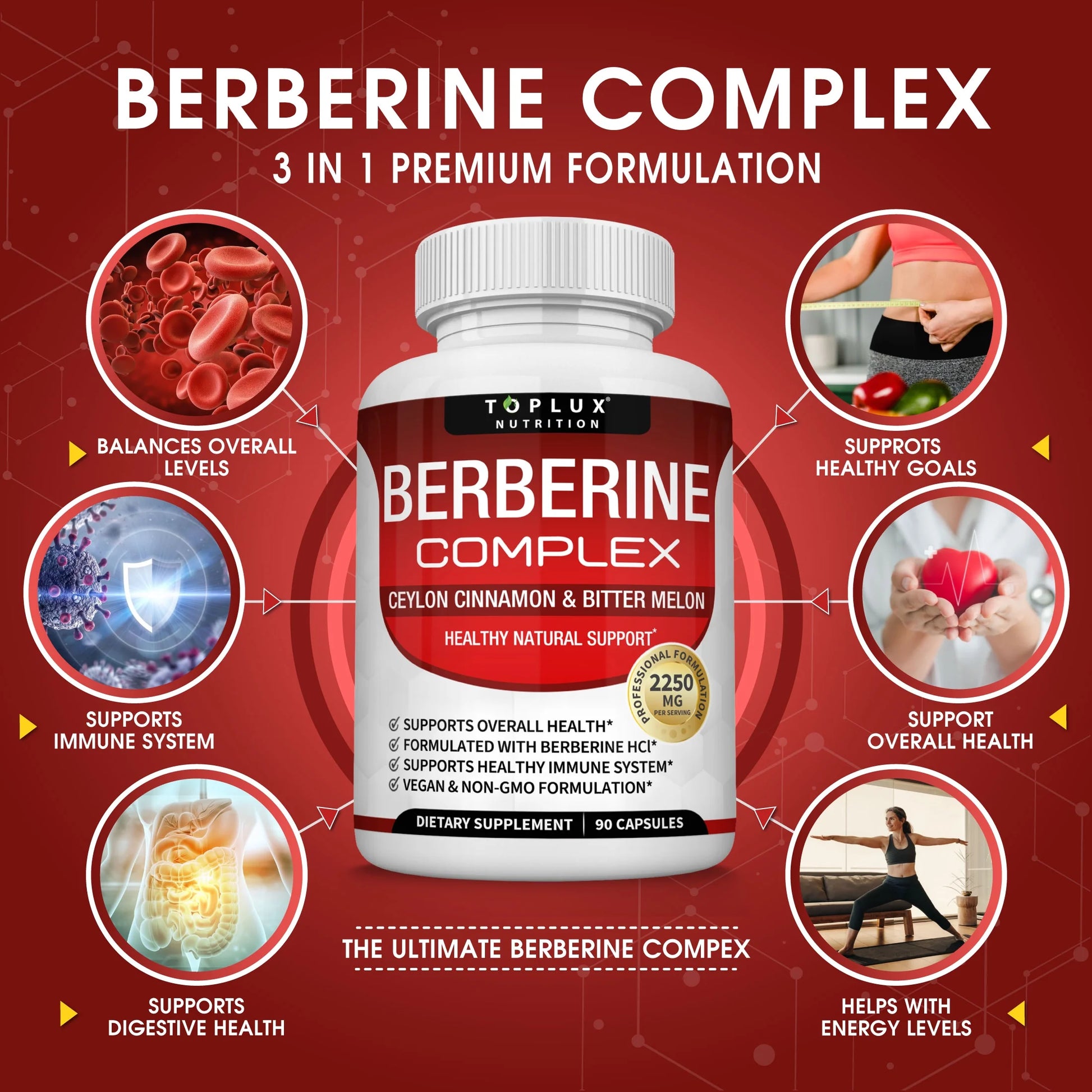 Berberine with Ceylon Cinnamon and Bitter Melon 2250Mg Berberine Hcl 97% Purity 90 Capsules