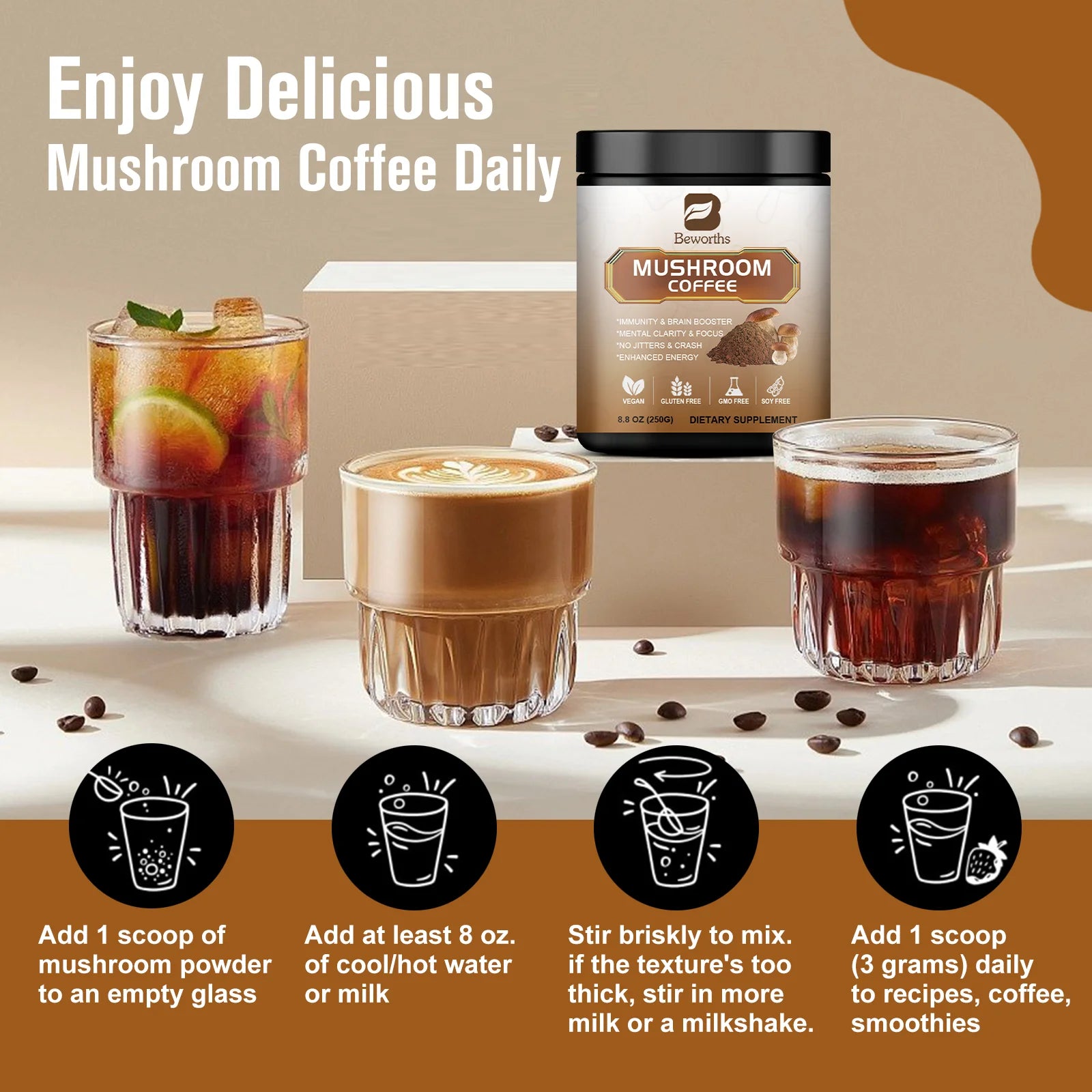 8.8Oz Mushroom Coffee Powder Supplement - Lions Mane Mushroom Powder Instant Coffee - Mushroom Coffee Alternative for Energy, Mental Clarity & Focus, Brain Booster