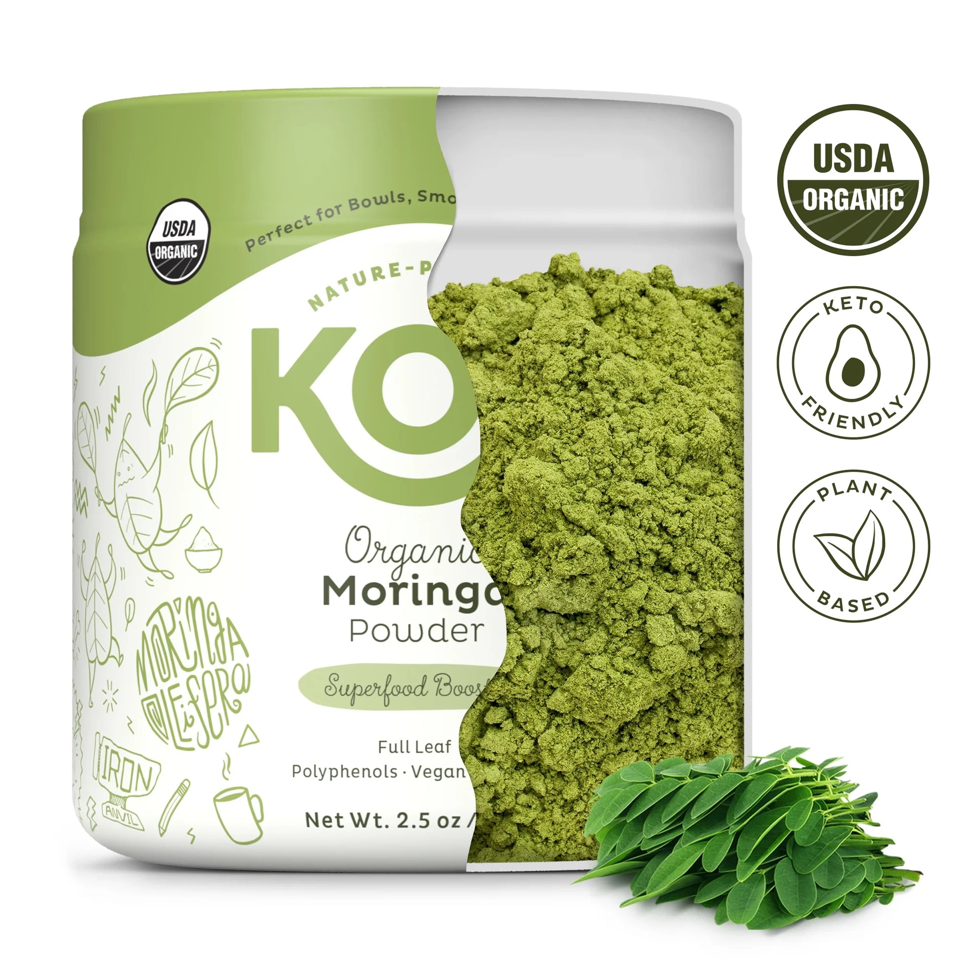 Organic Moringa Powder - Vegan Superfood Booster, Gluten Free, Non GMO - 2.5 Oz, 20 Servings