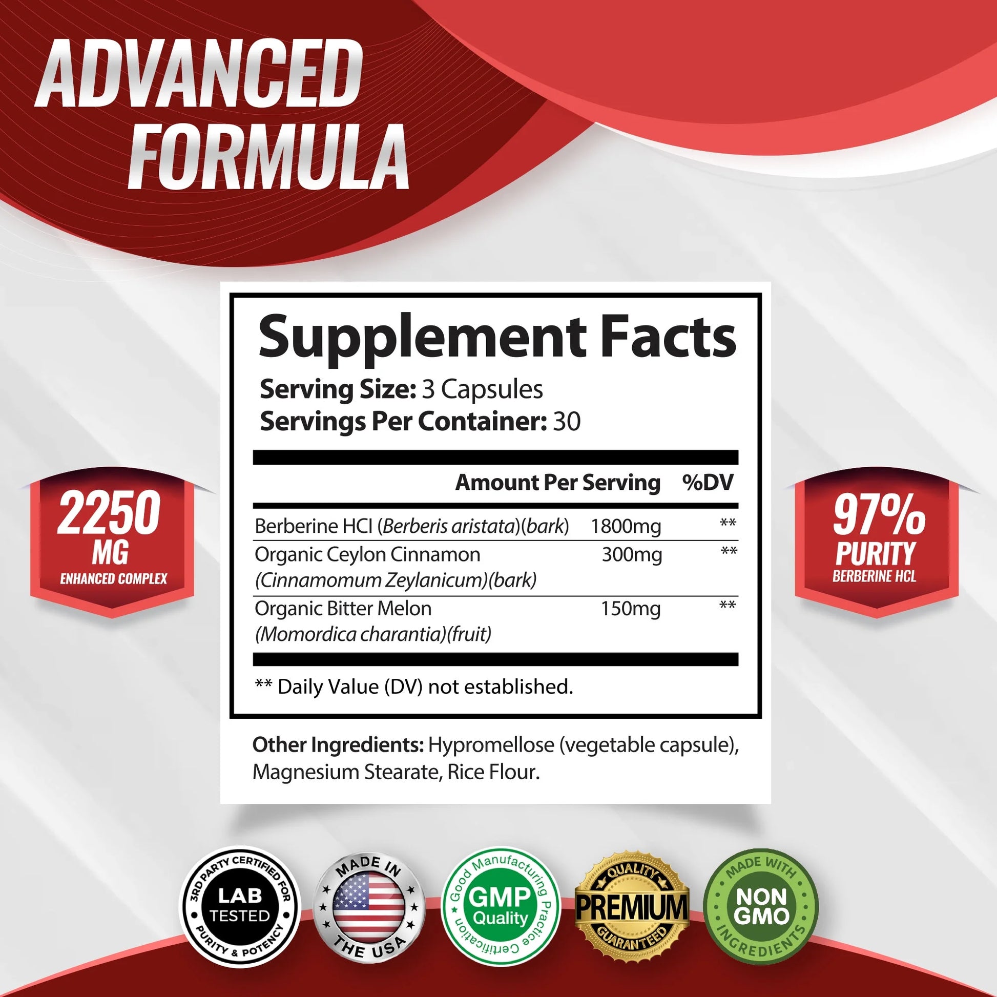 Berberine with Ceylon Cinnamon and Bitter Melon 2250Mg Berberine Hcl 97% Purity 90 Capsules