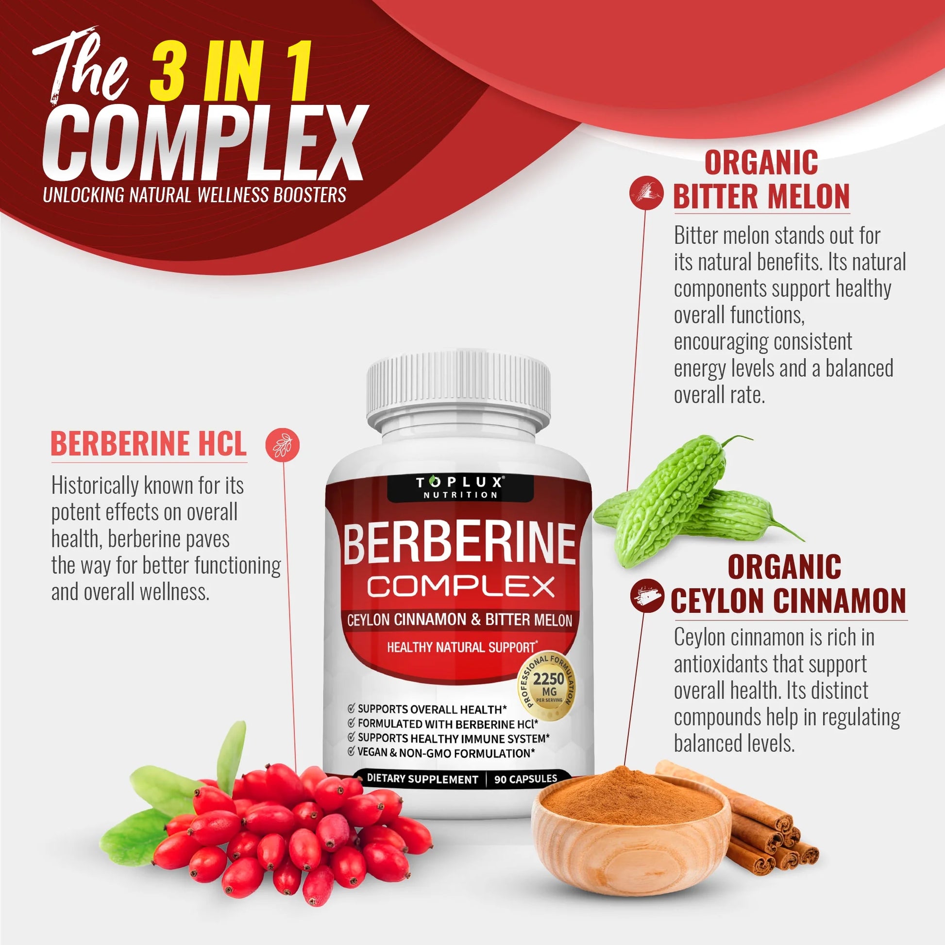 Berberine with Ceylon Cinnamon and Bitter Melon 2250Mg Berberine Hcl 97% Purity 90 Capsules