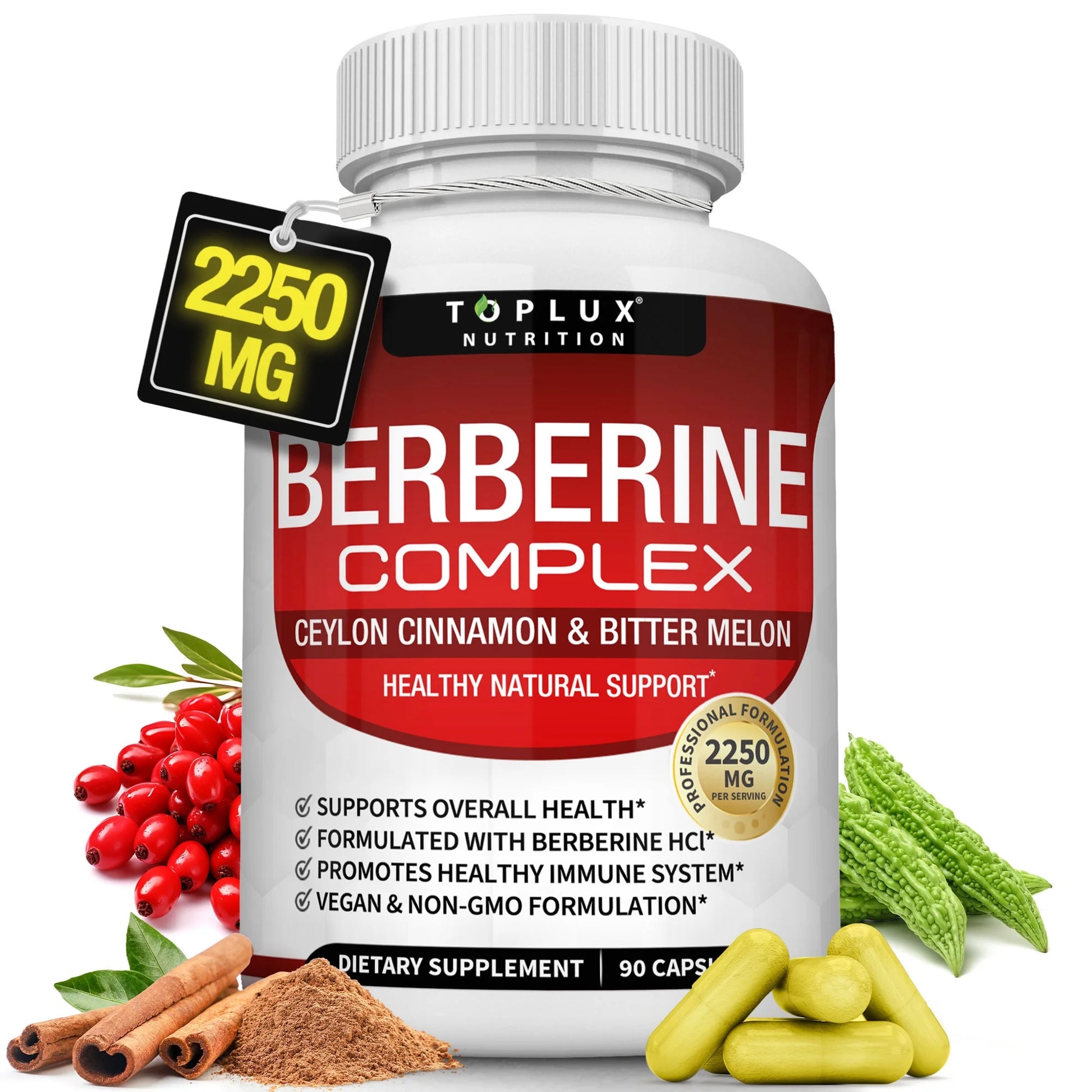 Berberine with Ceylon Cinnamon and Bitter Melon 2250Mg Berberine Hcl 97% Purity 90 Capsules