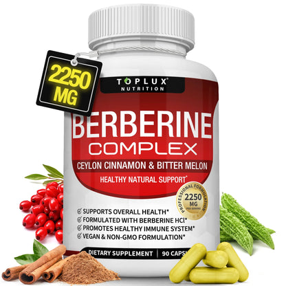 Berberine with Ceylon Cinnamon and Bitter Melon 2250Mg Berberine Hcl 97% Purity 90 Capsules