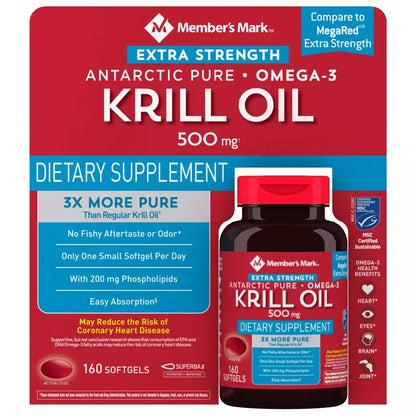 Member’S Mark Extra-Strength 100% Pure Omega-3 Krill Oil, 500Mg (160 Ct.)