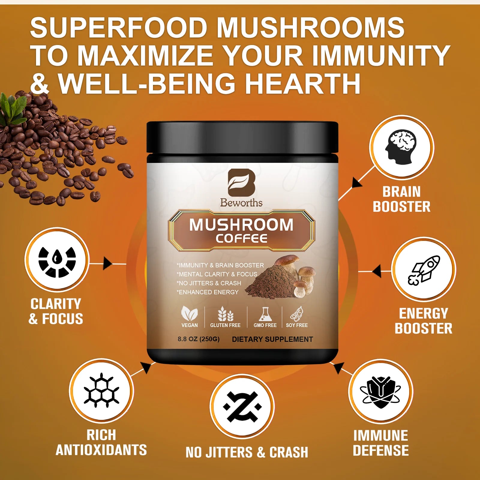 8.8Oz Mushroom Coffee Powder Supplement - Lions Mane Mushroom Powder Instant Coffee - Mushroom Coffee Alternative for Energy, Mental Clarity & Focus, Brain Booster