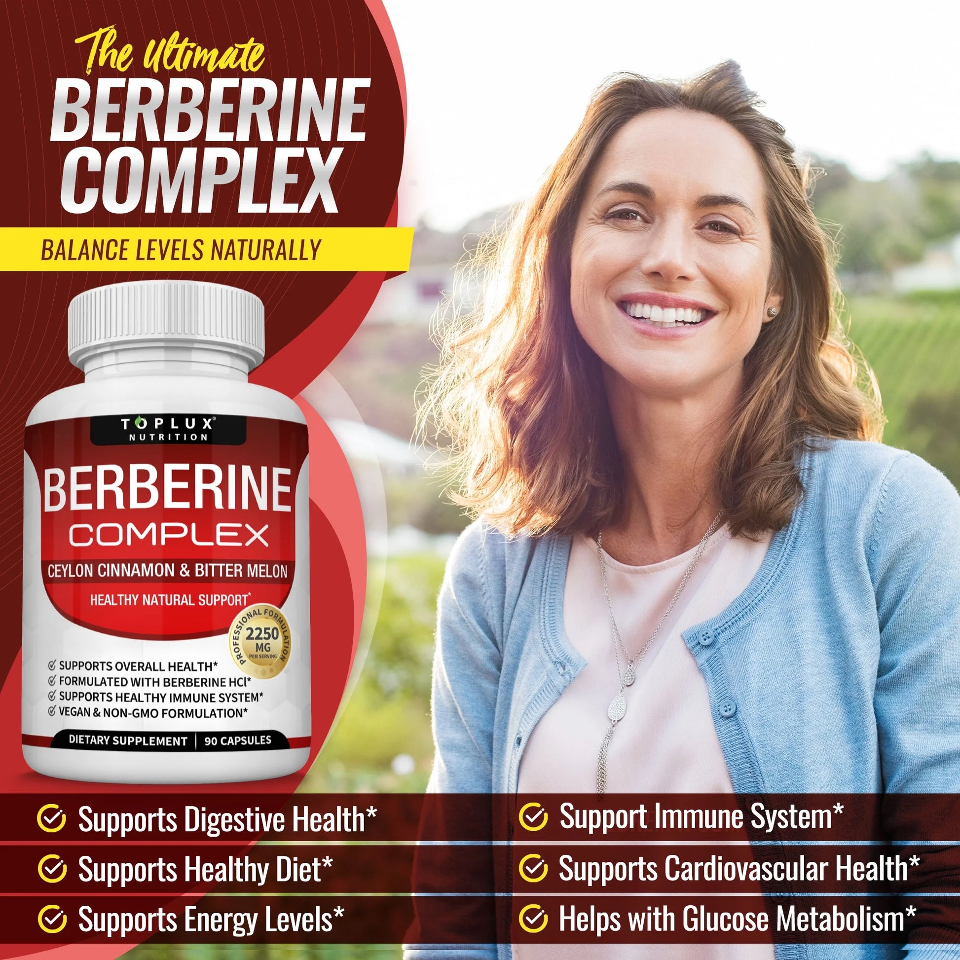 Berberine with Ceylon Cinnamon and Bitter Melon 2250Mg Berberine Hcl 97% Purity 90 Capsules