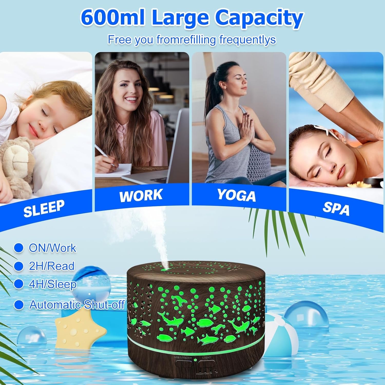 Diffusers for Essential Oils Large Room with R/C,600Ml Essential Oil Diffusers for Home,Waterless Auto off 7 Colors Changed 3 Mist Modes,Cool Mist Humidifiers for House Bedroom Decor,Gifts,Dark Wood